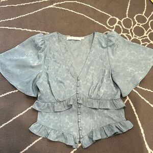 ASTR the Label Womens Sage Green Button Jacquard Ruffled Blouse Top Womens Sz XS